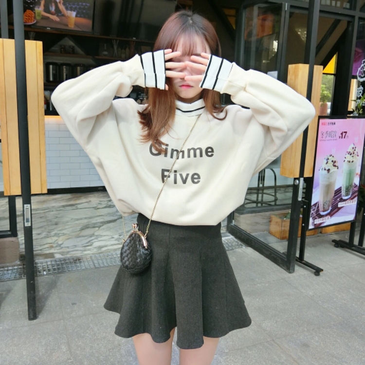 韓國學院風秋冬撞色條紋立領假兩件字母加絨加厚套頭衛衣女