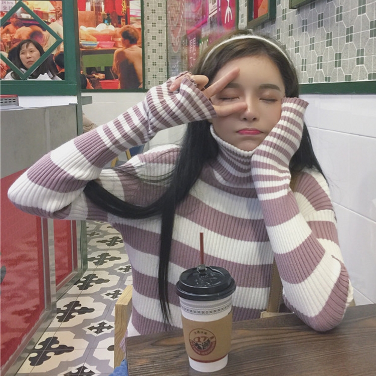 韓國學院風秋冬款條紋撞色高領百搭套頭保暖針織毛線毛衣女