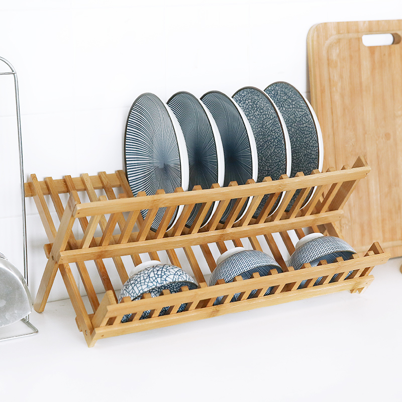 折疊雙層碗架瀝水盤碗碟架廚房餐具置物架楠竹瀝水架